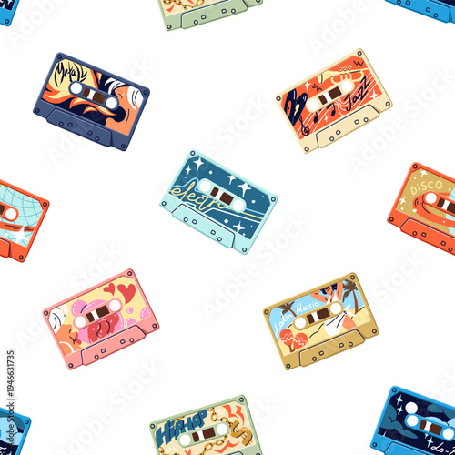 Repeatable pattern of vintage audio cassettes with different music. Endless background of retro mix tapes with concert records, mixtapes with songs, audiocassettes. Flat seamless vector illustration