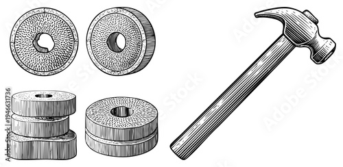 Hand drawn wood washers with central holes, stacked and viewed from top and side, alongside a claw hammer, all in detailed art.