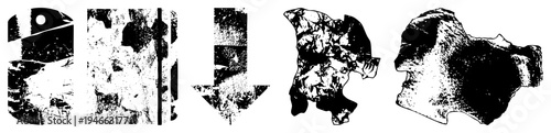 Fragmented black and white distressed textures, splattered ink effects, grunge, vector cutouts, chaotic organic shapes, isolated design elements.