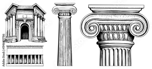 Ornate Ionic columns with volutes, temple pediment, entablature, fluted shafts, ancient Greek architecture, architectural vector illustration.
