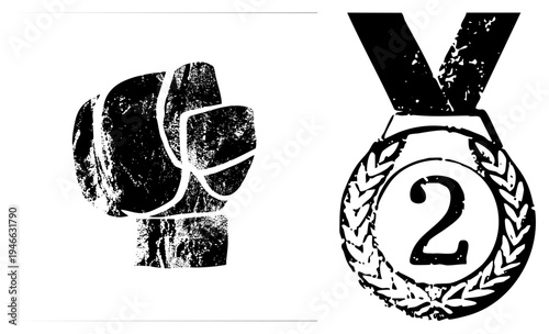 Fighter’s clenched fist and silver medal with laurel wreath and number two, sports achievement, victory symbol, competitive spirit, athletic honor.