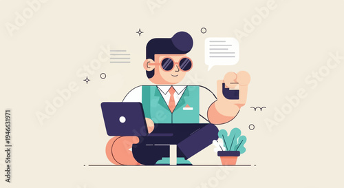 A stylized person in a suit works on a laptop, holding a phone