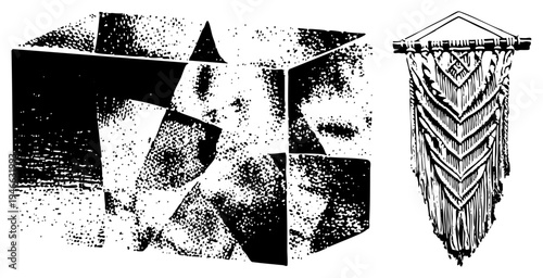 Black and white vector art featuring fragmented geometric shapes with halftone shading, paired with a detailed macrame wall hanging. Modern abstract composition with textile art.