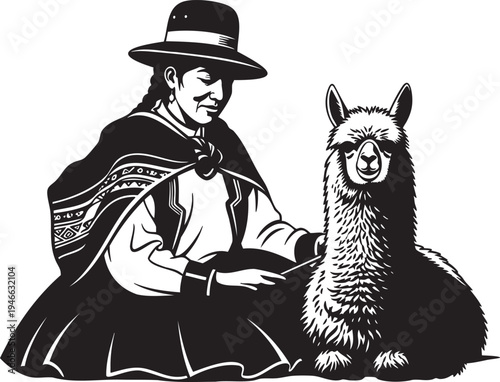 Andean Woman Gently Tending to Her Alpaca Companion, Illustrating Traditional Culture and Sustainable Livelihood in a Stylized Monochrome Design