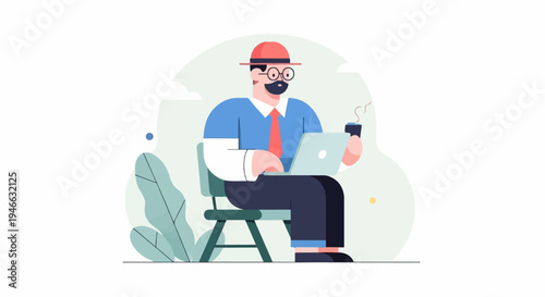A person in a hat and glasses works on a laptop while holding a coffee