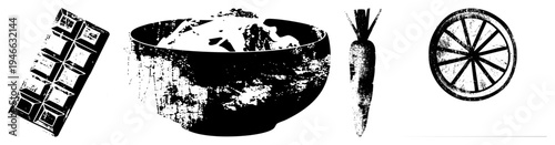 Black and white vector of chocolate, soup, carrot, and citrus slice with distressed texture. Food illustration, stylized graphic, isolated elements, halftone effect.