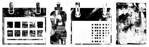 Weathered calendar pages and old book cover, halftone print, textured illustration, retro design, black and white graphic, distressed art style.