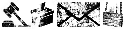 Set of four symbolic vector gavel for law, ballot box for voting, envelope for mail, hanging wooden sign. All rendered in distressed black and white style.
