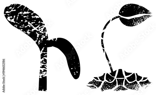 Graphic depiction of sprouting plants, germination illustration, botanical growth, seedling design, nature, eco symbol, minimalist flora.