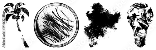 Stylized vector with halftone textures and fragmented palm tree, bacterial culture, ink blot, lightbulb. Artistic black and white graphic elements.
