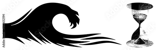Stylized wave silhouette with hourglass, black and white vector art, minimalist graphic, time and motion motif, isolated emblem design.