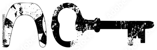 Rustic black and white vector of key and boomerang, distressed with splatter texture, isolated graphic elements for design projects.