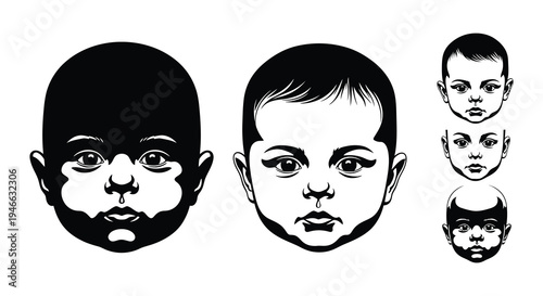 A series of black and white illustrations depicting diverse baby faces