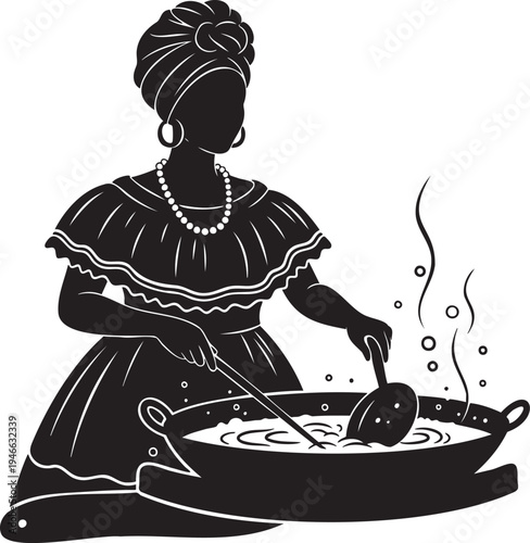 Elegant silhouette of a woman in traditional attire preparing a cultural dish, showcasing authentic culinary traditions and delicious food preparation