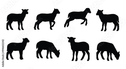 Silhouette collection of sheep in various poses against a white background