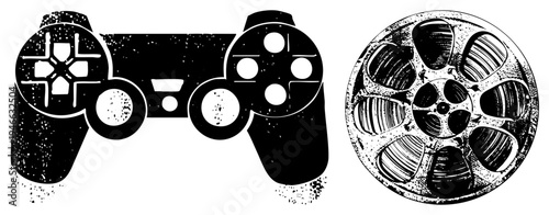 Classic gaming controller and film reel graphic, vector illustration with distressed texture, gaming and cinema symbols, isolated for digital, entertainment industry assets.
