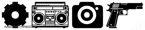 Black vector of gear, boombox, camera, and pistol minimalist symbols for tech,,, and security. Flat design, isolated elements.
