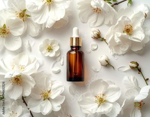 Amber bottle with dropper, surrounded by white blossoms on a clean white surface