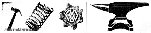 Classic black and white tool symbols claw hammer, coil spring, vintage logo, traditional anvil all rendered as halftone vector glyphs.