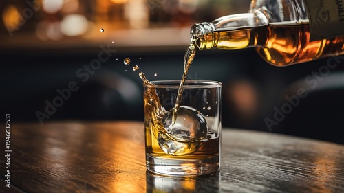 Golden whiskey pours into a glass with ice on a polished wooden bar, suggesting a moment of.