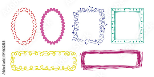 Doodle frames set, hand drawn geometric colorful border collection.   Colorful wavy lines and curly borders for cards, posters, covers, banners or branding.
