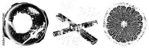 Retro halftone print designs featuring circular void, X shaped, citrus section, dot, graphic texture elements.