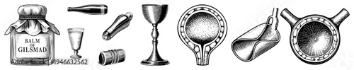 Antique herbal balm jar labeled “Balm of Gilsmad,” vintage wine bottle, ornate, surgical funnel, and anatomical flask hand drawn engraved vector set.