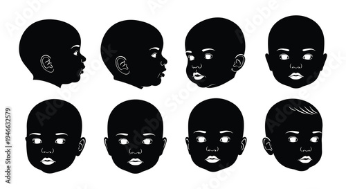 A series of black and white illustrations depicting diverse baby faces