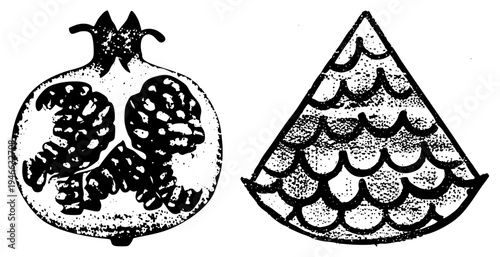 Artistic halftone rendering of pomegranate with seeds and pinecone scales, vector design, botanical illustration style, textured stippling effect.