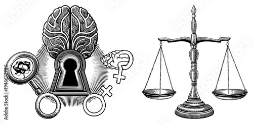 enlightenment symbol, keyhole brain with magnifying glass, gender symbols, justice scales, engraved art, conceptual vector graphic.