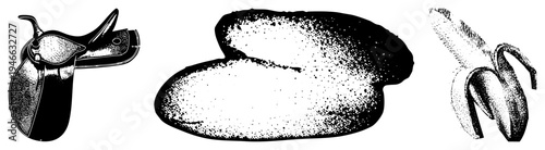 Vector art of beetle, lily pad, and frogspawn, rendered in halftone dot, black and white, isolated foreground elements.