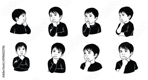 Eight monochrome illustrations of young boys deep in thought