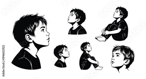 Eight monochrome illustrations of young boys deep in thought