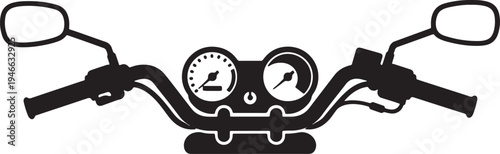 Black and white motorcycle handlebars with speedometer and side mirrors also transparent background