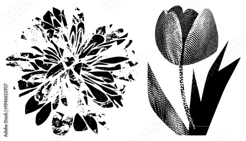 Abstract flower graphic with fragmented petals and halftone tulip, vector art, design, graphic, print ready illustration.