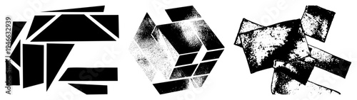 Black and white vector art featuring fragmented polygonal forms with halftone shading, abstract composition, graphic design elements, modern minimalism.