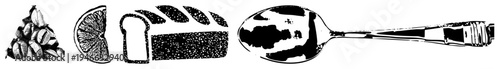 Stylized food items including coffee beans, orange slice, bread loaf, and spoon rendered in halftone texture, isolated foreground elements.