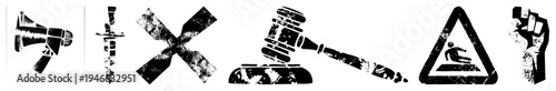 Vector of megaphone, sword,, gavel, warning sign, fist all rendered in distressed black, symbolic communication tools, protest or motifs.