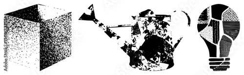 Black and white halftone form geometric cube, stylized watering can, and light bulb. Vector art with stippled texture, graphic design elements, isolated foreground.