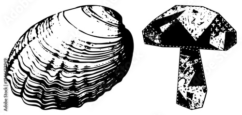 Black and white vector art of a detailed clam and geometric mushroom, hand drawn, isolated graphic elements, natural forms rendered in halftone texture.