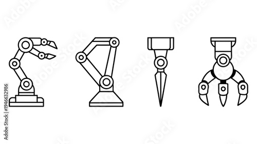 A collection of four distinct robotic arms and grippers in outline style, representing industrial automation.
