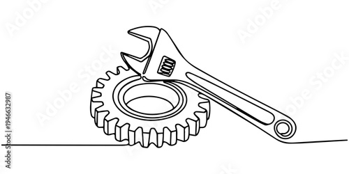 continuous one line drawing Vector illustration of adjustable wrench and gear
