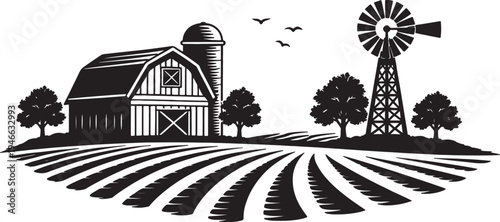 Black and white of farm with barn silo windmill and crops also transparent background