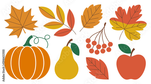 A vibrant collection of autumn elements including diverse leaves, a pumpkin, pear, apple, and berries.
