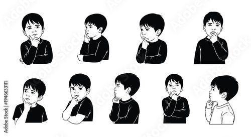 Eight monochrome illustrations of young boys deep in thought