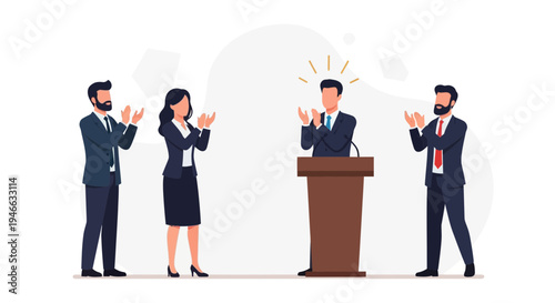 Business people clapping for speaker at podium, successful presentation, applause