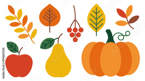 A charming arrangement of autumn elements featuring vibrant leaves, a pumpkin, an apple, a pear, and berries.