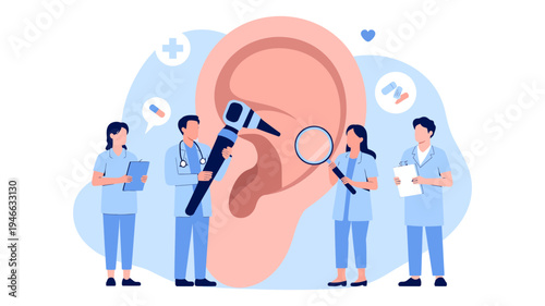 A team of medical professionals are performing a detailed examination of a large human ear.