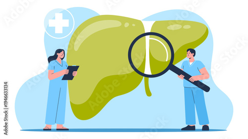 Two medical professionals are studying a large human liver, one using a magnifying glass.