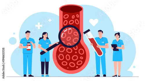 Medical team closely examining a blood vessel with red blood cells using a large magnifying glass.